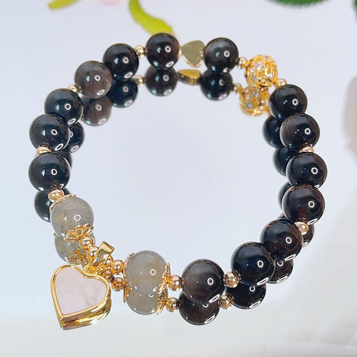 Buddha Stones Natural Silver Sheen Obsidian Love Heart Star Flower Protection Bracelet