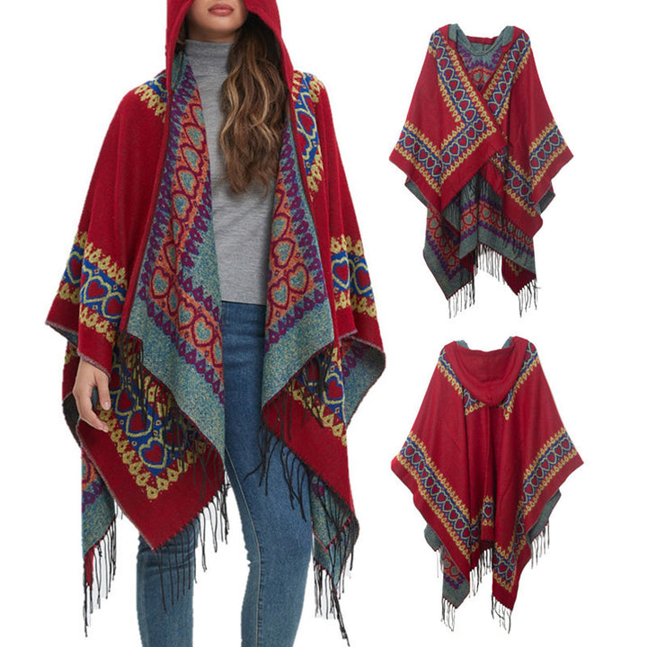 Buddha Stones Tibetan Shawl Red Love Heart Tassel Hooded Cloak Winter Cozy Travel Scarf Wrap