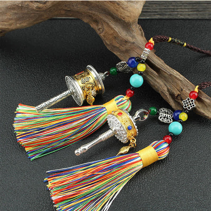 Tibet Om Mani Padme Hum Prayer Wheel Tassel Bag Car Hanging Decoration