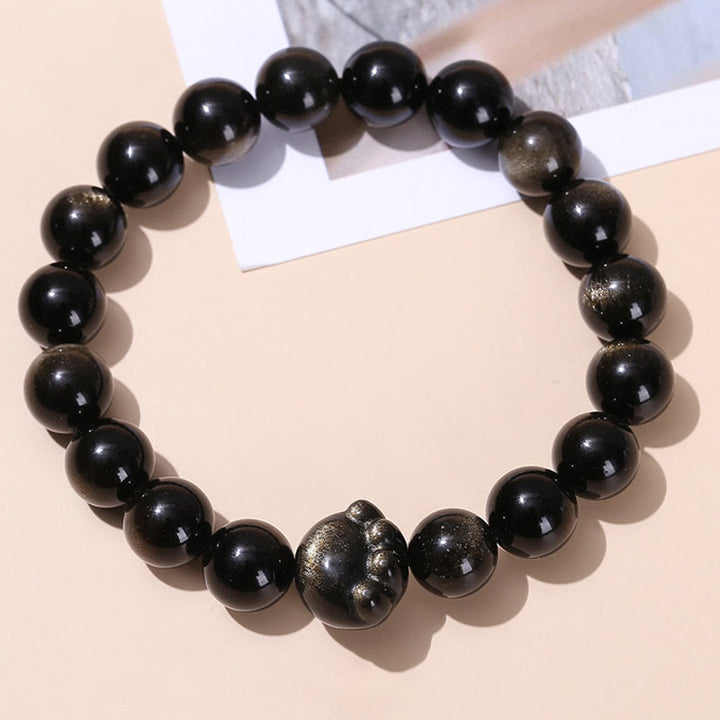 Buddha Stones Natural Gold Sheen Obsidian Silver Sheen Obsidian Cute Cat Paw Claw Wealth Bracelet