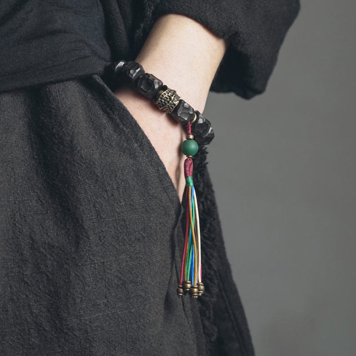 Tibet Ebony Wood Copper Peace Tassel Wrist Mala Bracelet