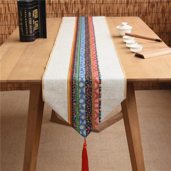 Buddha Stones Classic Chinese Style Lotus Koi Fish Flower Crane Calligraphy Enlightenment Cotton Linen Tassels Table Runner