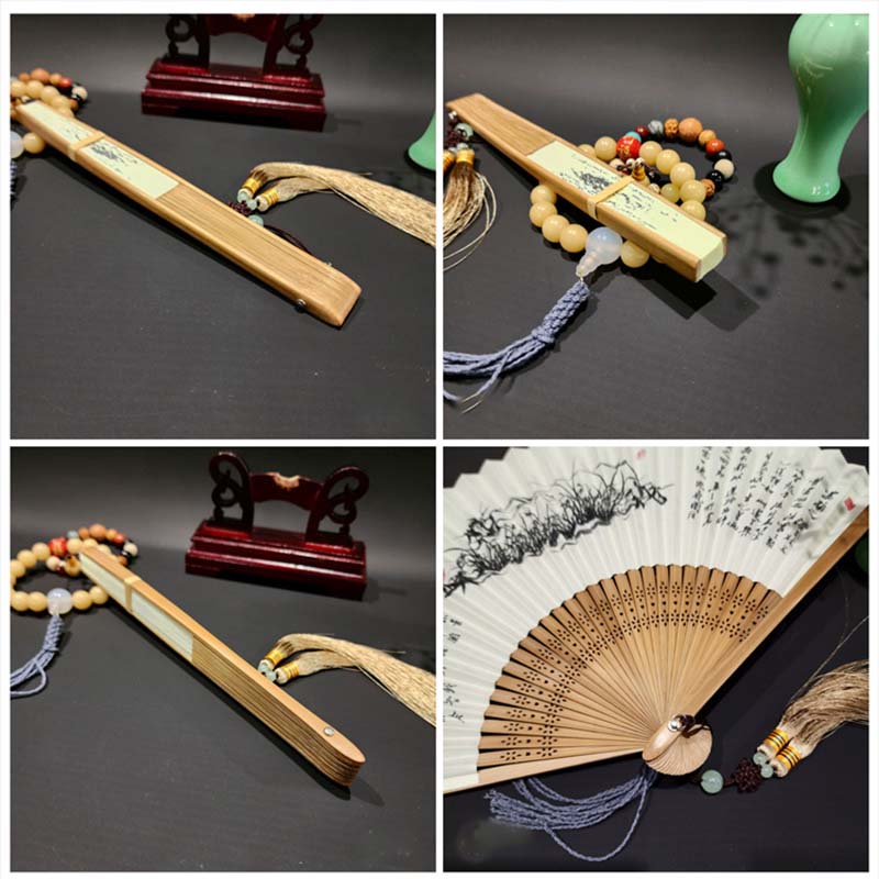 Buddha Stones A Panorama Of Rivers And Mountains Cranes Orchid Flower Paper Bamboo Handheld Silk Bamboo Folding Fan 22cm