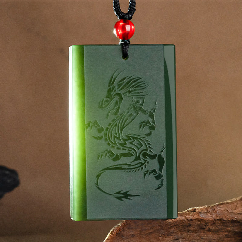 Buddha Stones Hetian Cyan Jade Dragon Engraved Success Necklace Pendant