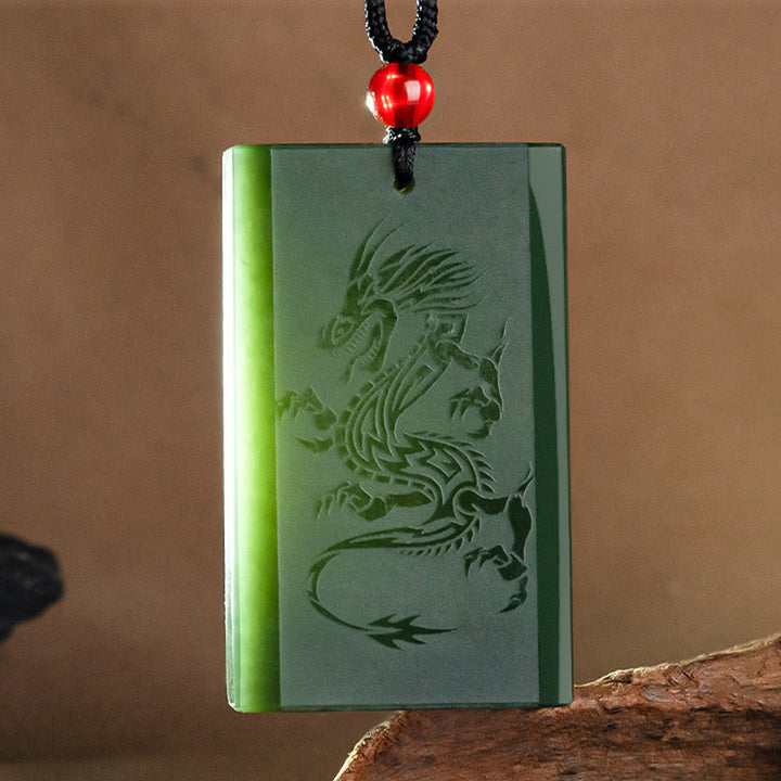 Buddha Stones Hetian Cyan Jade Dragon Engraved Success Necklace Pendant