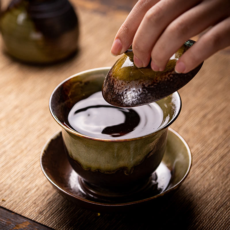 Buddha Stones Vintage Brown Kiln Change Design Porcelain Ceramic Gaiwan Sancai Teacup Kung Fu Tea Cup And Saucer With Lid