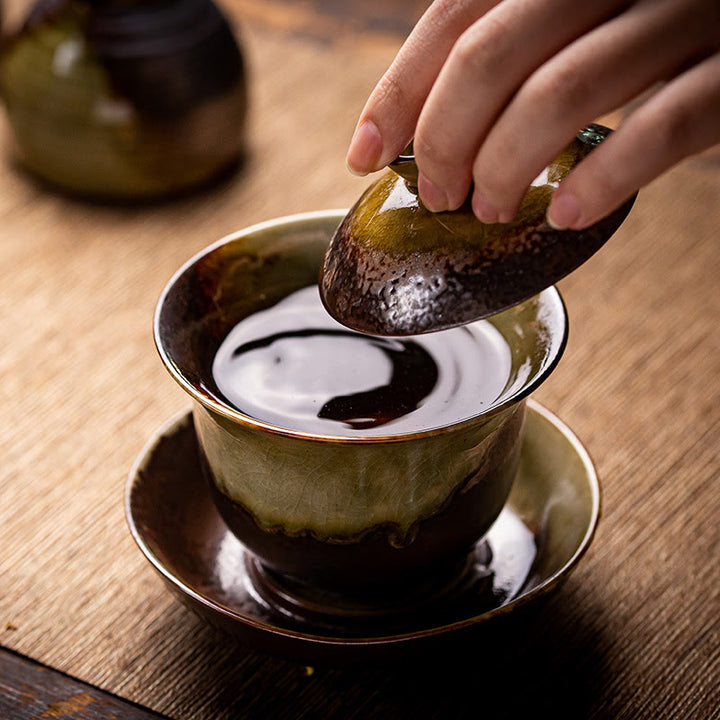 Buddha Stones Vintage Brown Kiln Change Design Porcelain Ceramic Gaiwan Sancai Teacup Kung Fu Tea Cup And Saucer With Lid