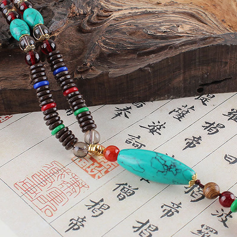 Buddha Stones Wenge Wood Turquoise Stone Protection Calm Necklace Pendant