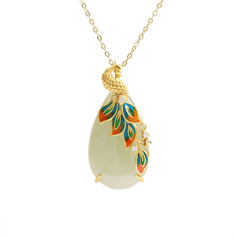 White Jade Peacock Protection Necklace Chain Pendant