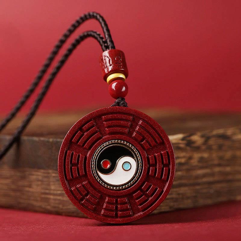 Buddha Stones Natural Cinnabar Bagua Rotatable Yin Yang Keep Away Evil Spirits Necklace Pendant