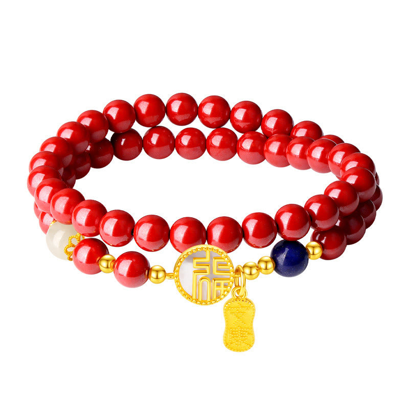 Buddha Stones 925 Sterling Silver Cinnabar Tridacna Stone Fu Character Double Wrap Blessing Bracelet