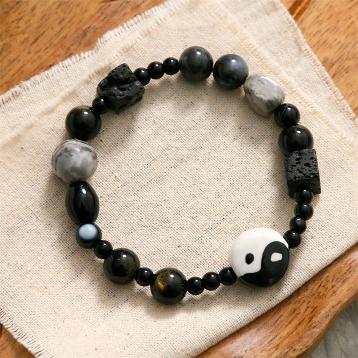 Buddha Stones Black Onyx Picasso Jasper Bead Yin Yang Fortune Protection Bracelet