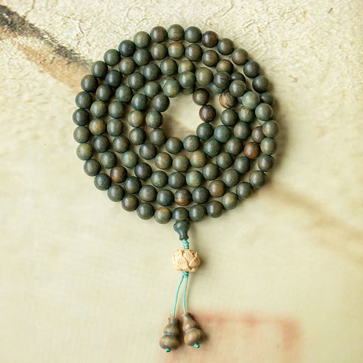 Buddha Stones 108 Mala Beads Green Sandalwood Boxwood Lotus Positive Bracelet