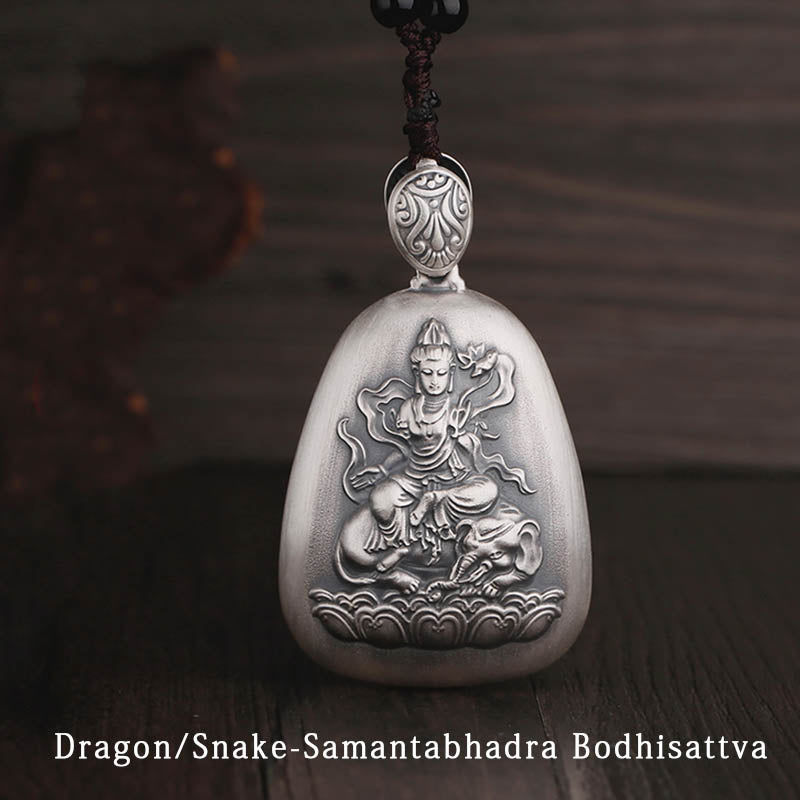 Buddha Stones 999 Sterling Silver Chinese Zodiac Natal Buddha Heart Sutra Engraved Protection Necklace Pendant