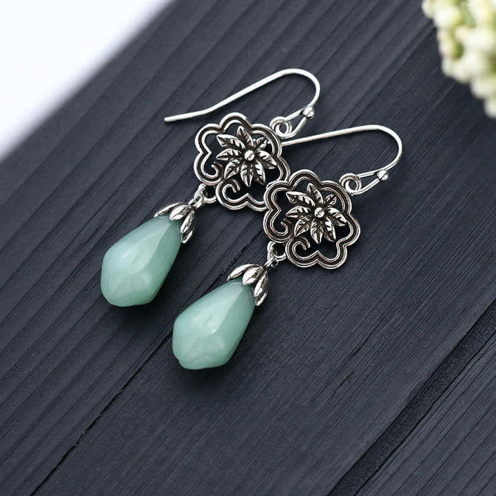 Buddha Stones Magnolia Flower Jade Water Drop Prosperity Dangle Earrings