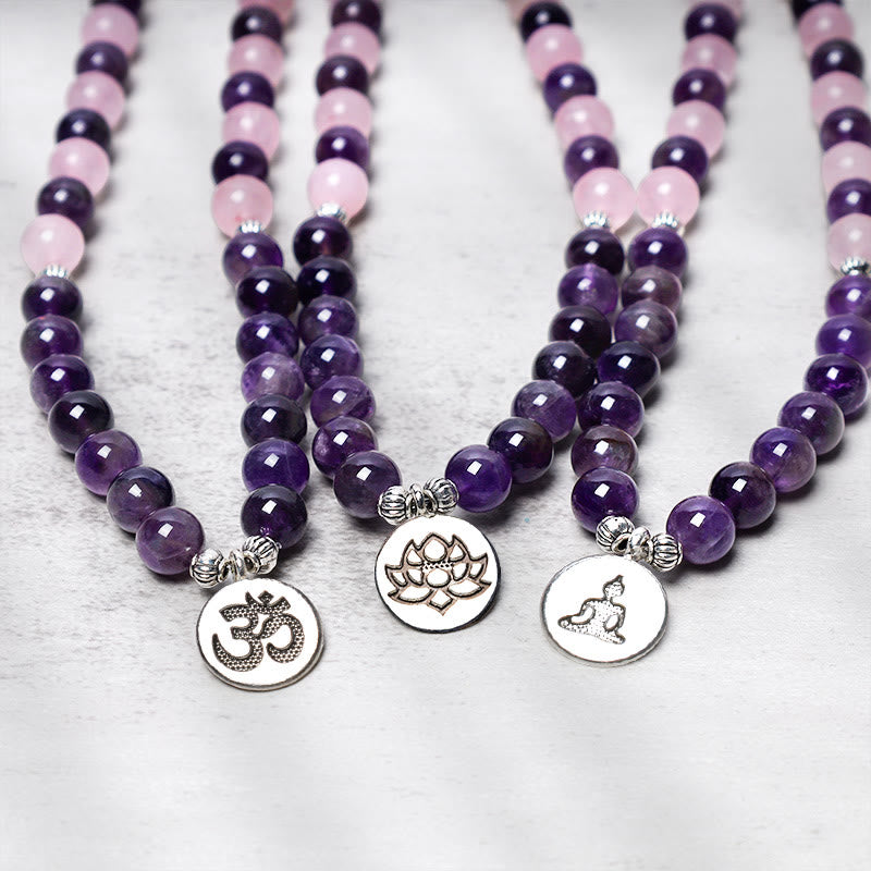 Buddha Stones Natural Rose Quartz & Amethyst Mala Bead Lotus Pendant Bracelet