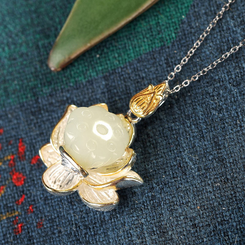 White Jade Lotus Flower Happiness Necklace