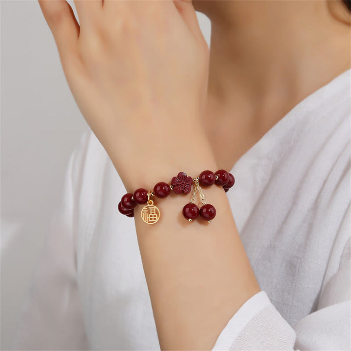 Buddha Stones Cinnabar Fu Character Cherry Blossom Blessing Bracelet