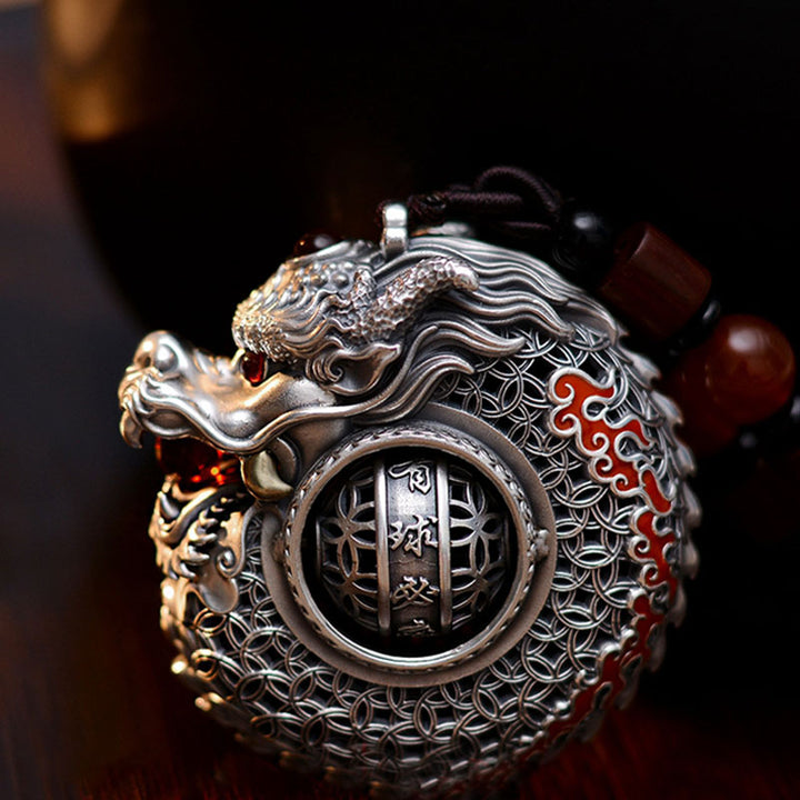 Buddha Stones 999 Sterling Silver Year of the Dragon Rotatable Ball Five Elements Copper Coin Strength Hanging Decoration