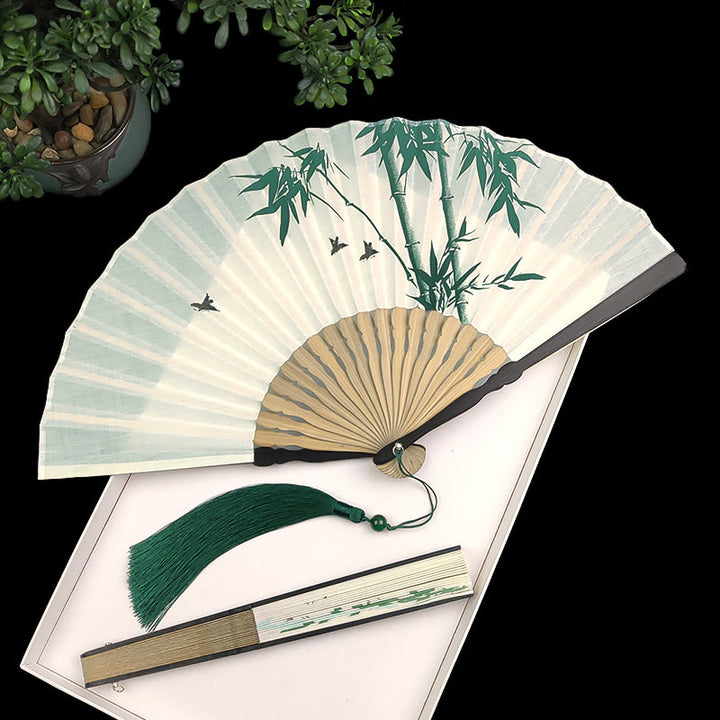 Buddha Stones Bamboo Koi Fish Crane Handheld Cotton Linen Folding Fan