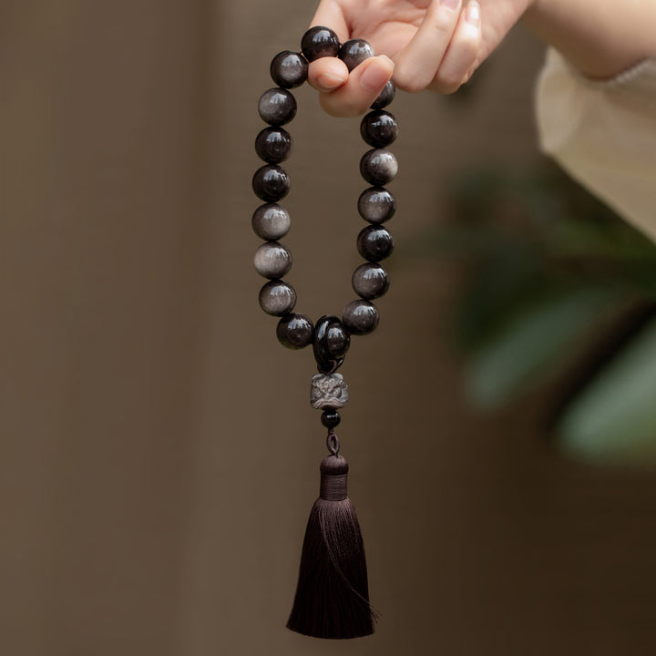 Natural Silver Sheen Obsidian Black Obsidian Lion Wrist Mala Protection Tassels Pocket Mala Car Decoration