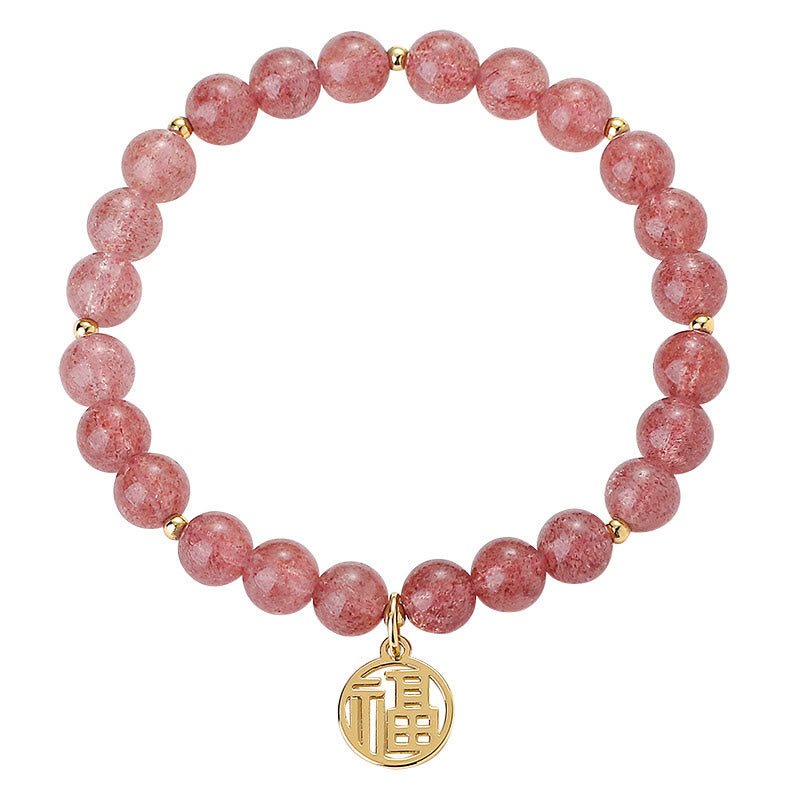 Buddha Stones 14K Gold Plated Strawberry Quartz Fu Character Healing Charm Bracelet