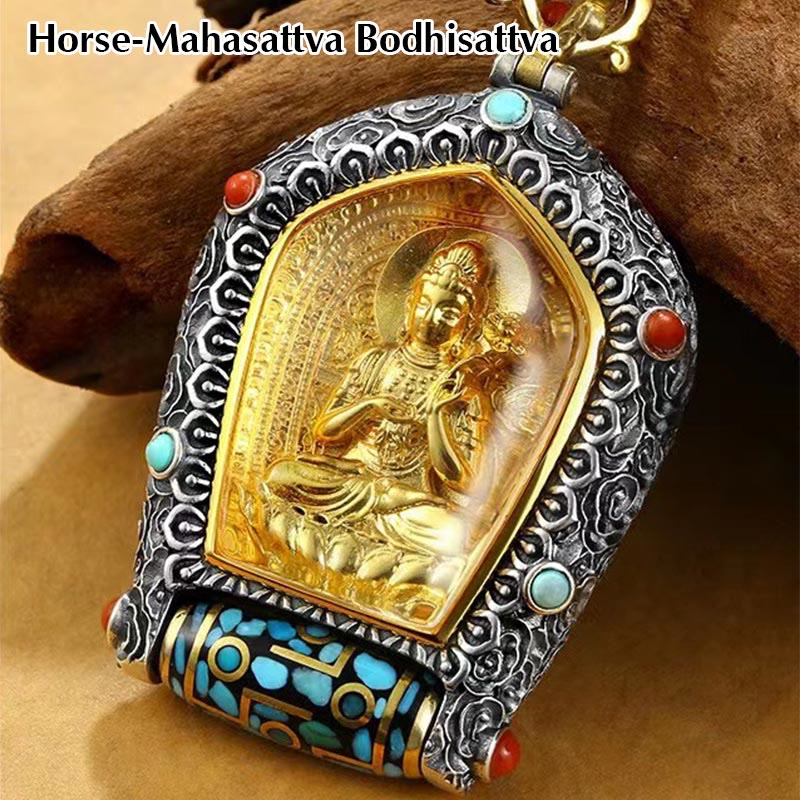 Tibet Chinese Zodiac Natal Buddha Thangka Prosperity Rotatable Dzi Bead Necklace Pendant