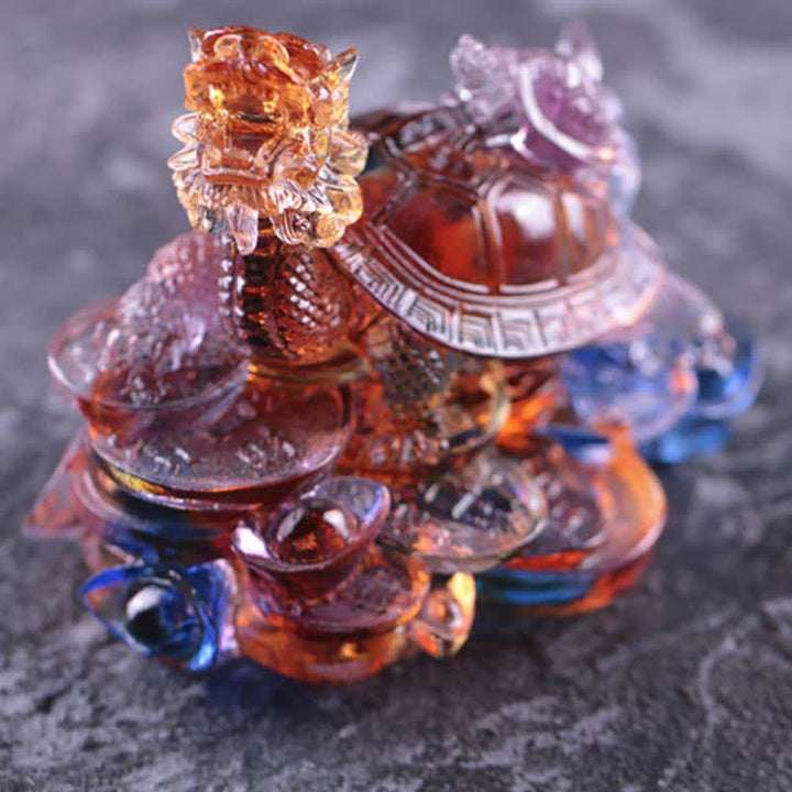 Buddha Stones Feng Shui Dragon Turtle Coins Handmade Liuli Crystal Luck Art Piece Home Office Decoration