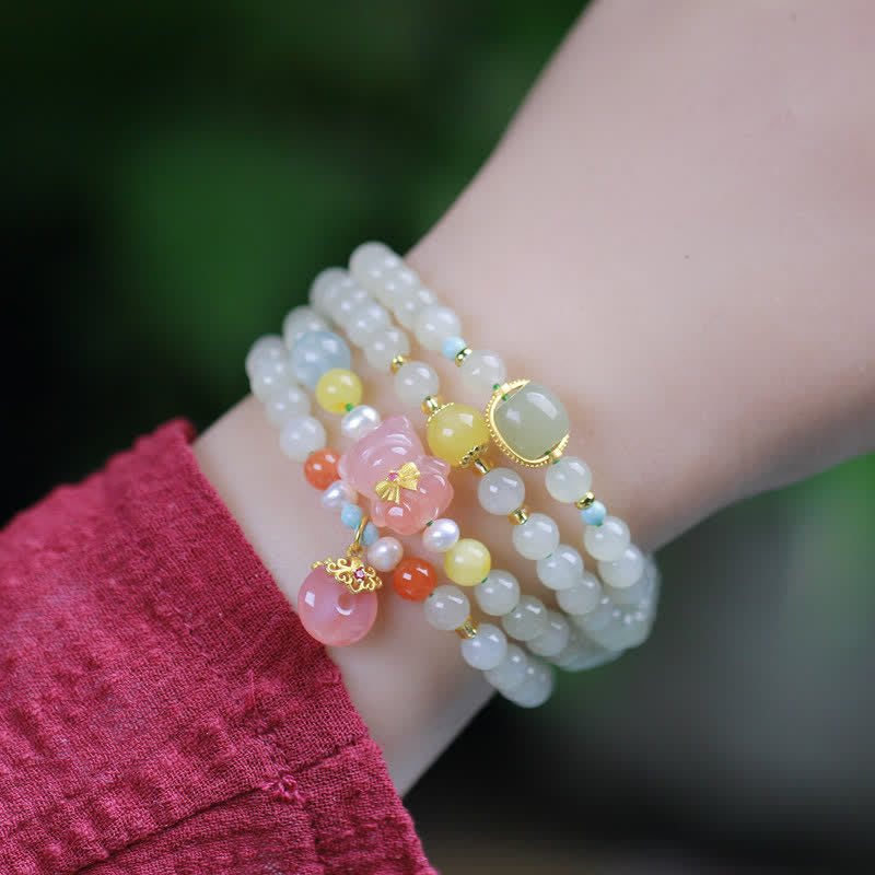 Natural Hetian Jade Pink Crystal Peace Buckle Happiness Abundance Bracelet