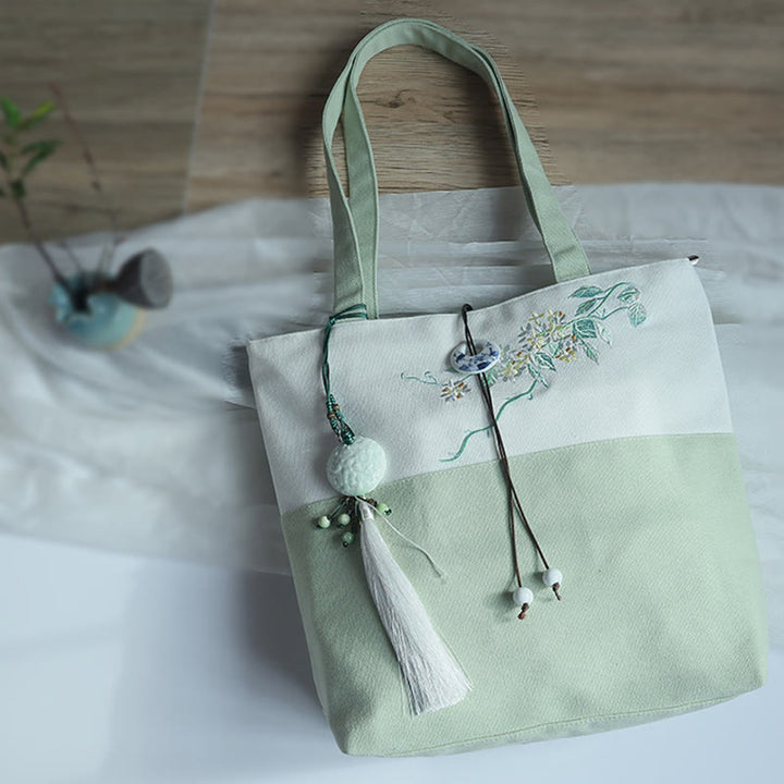 Pear Flower Plum Peach Blossom Bamboo Embroidery Canvas Large Capacity Shoulder Bag Tote Bag