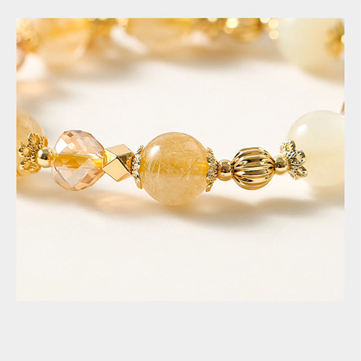 Buddha Stones 14K Gold Plated Golden Rutilated Quartz Wealth Bell Lucky Fortune Charm Bracelet