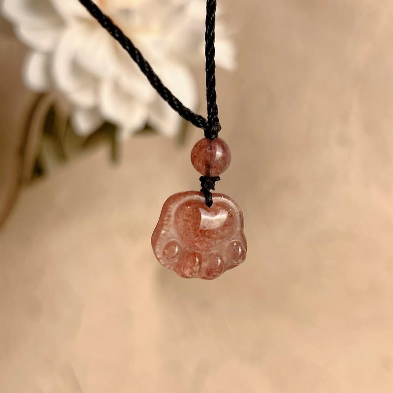 Buddha Stones Strawberry Quartz Lovely Cat Paw Claw Healing Necklace Pendant