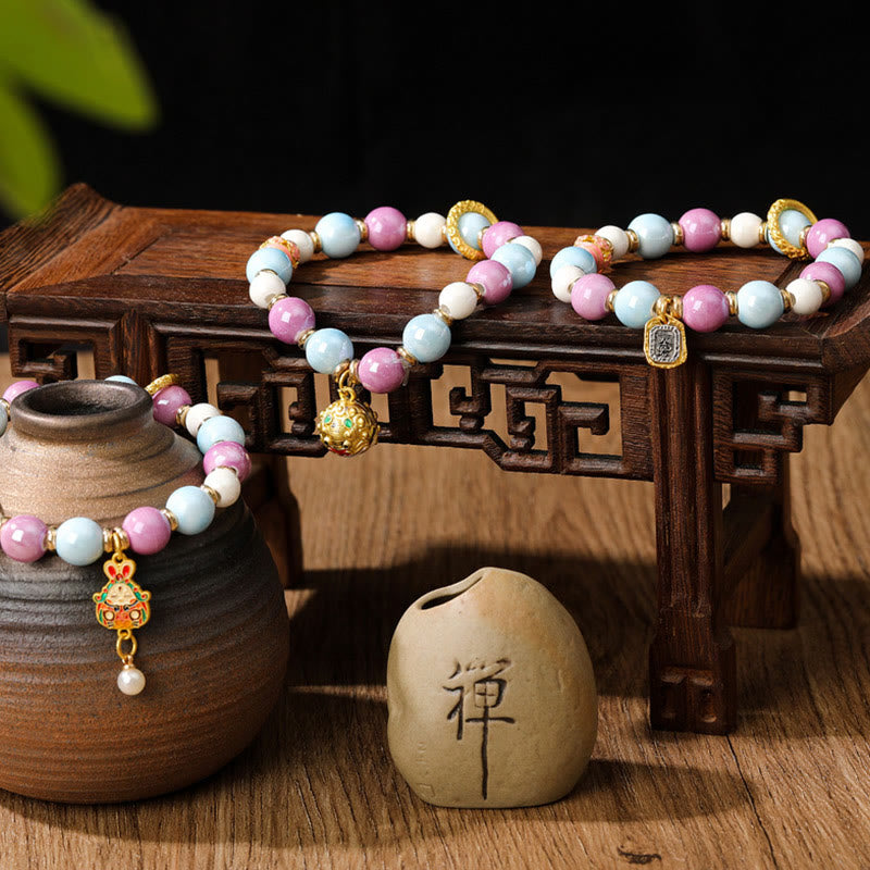 Buddha Stones Tibetan Zakiram Goddess of Wealth Rabbit Lion Head Charm Liuli Glass Incense Ash Porcelain Bead Protection Bracelet