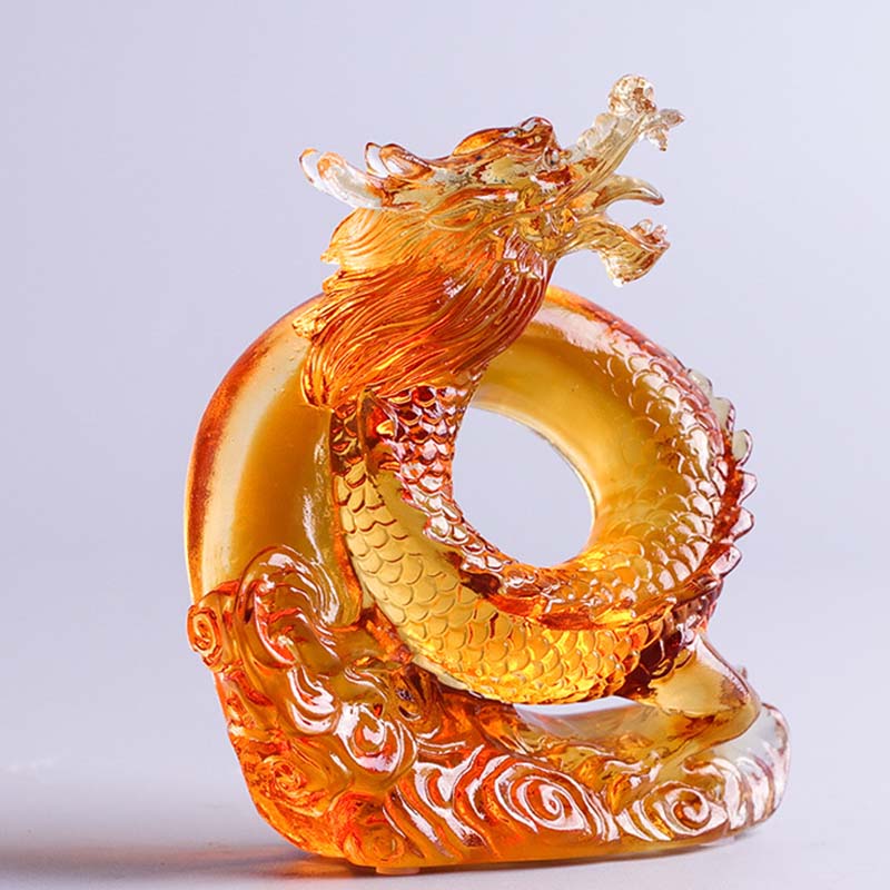 Buddha Stones Year of the Dragon Handmade Chinese Zodiac Yellow Dragon Liuli Crystal Art Piece Protection Home Office Decoration