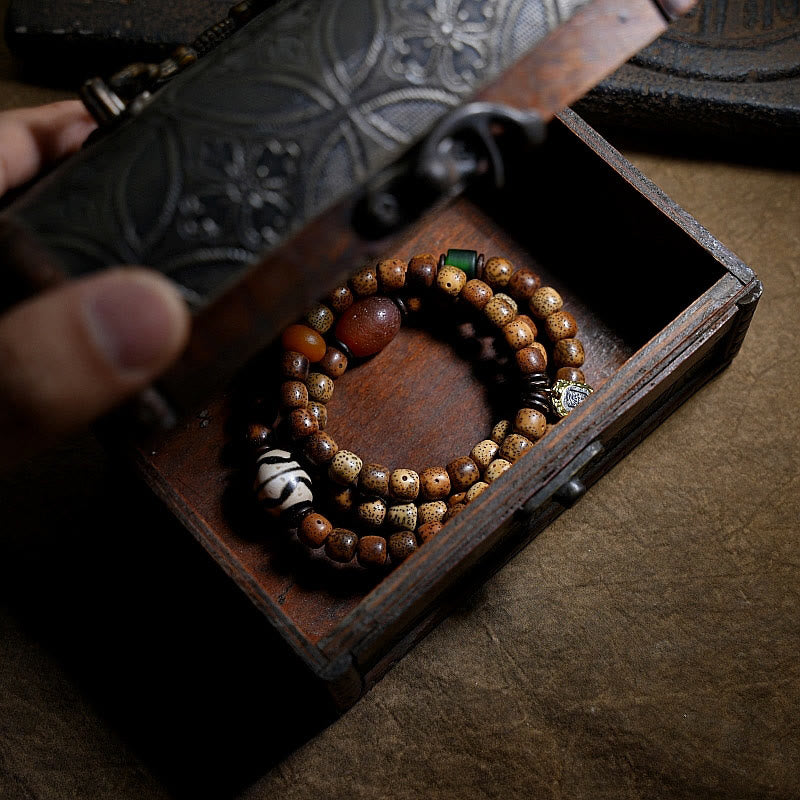 Buddha Stones Tibetan Bodhi Seed Amber Dzi Bead Agate Zakiram Goddess of Wealth Beads Triple Wrap Bracelet