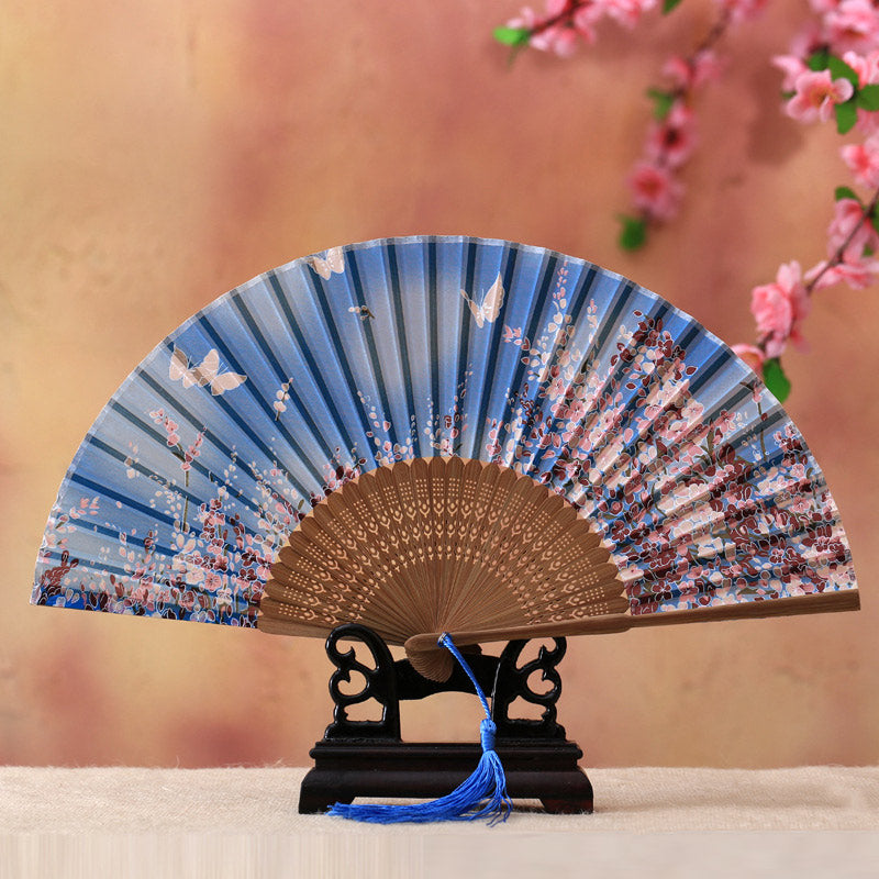 Buddha Stones Cherry Blossom Lily Butterfly Bamboo Handheld Bamboo Folding Fan 21cm