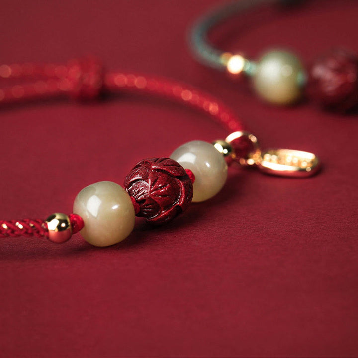 Buddha Stones 14K Gold Plated Hetian Jade Cinnabar Lotus Luck Handcrafted Rope Bracelet