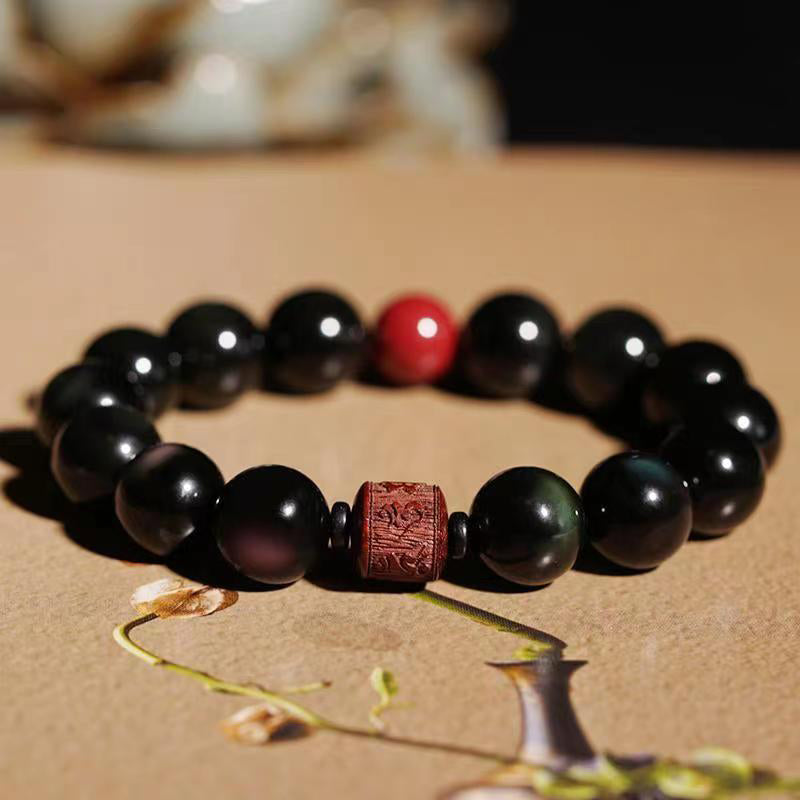 Buddha Stones Natural Gold Sheen Obsidian Rainbow Obsidian Om Mani Padme Hum Fu Character Healing Bracelet