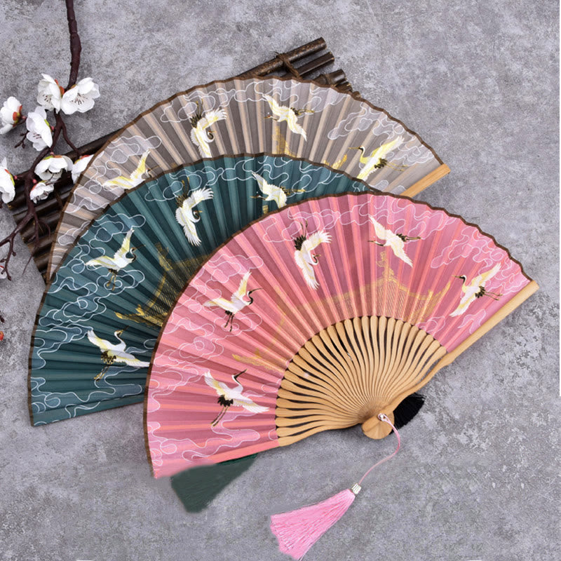 Buddha Stones Vintage Cloud Crane Pattern Handheld Bamboo Folding Fan