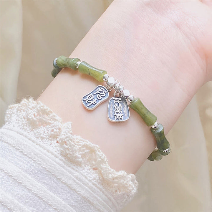 Buddha Stones 925 Sterling Silver Bamboo Jade Lucky Cat Fu Character Luck Abundance Bracelet