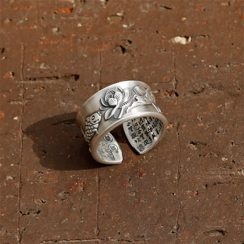 999 Sterling Silver Luck Koi Fish Lotus Heart Sutra Wealth Ring