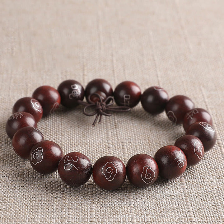 Buddha Stones 925 Sterling Silver Inlaid Small Leaf Red Sandalwood Om Mani Padme Hum Character Auspicious Clouds Protection Bracelet