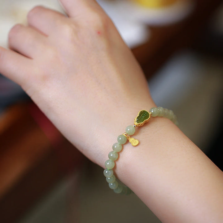 Buddha Stones 925 Sterling Silver Plated Gold Natural Hetian Jade Bead Gourd Lotus Bamboo Fu Character Luck Bracelet