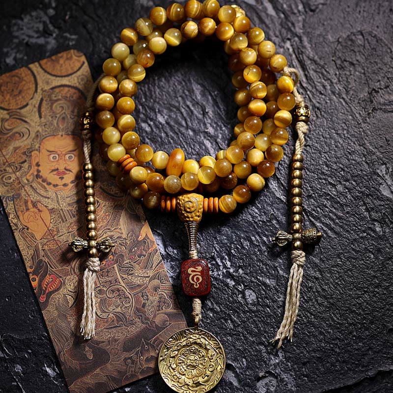 Buddha Stones 108 Mala Beads Natural Tiger Eye Copper Dorje Protection Tassel Bracelet