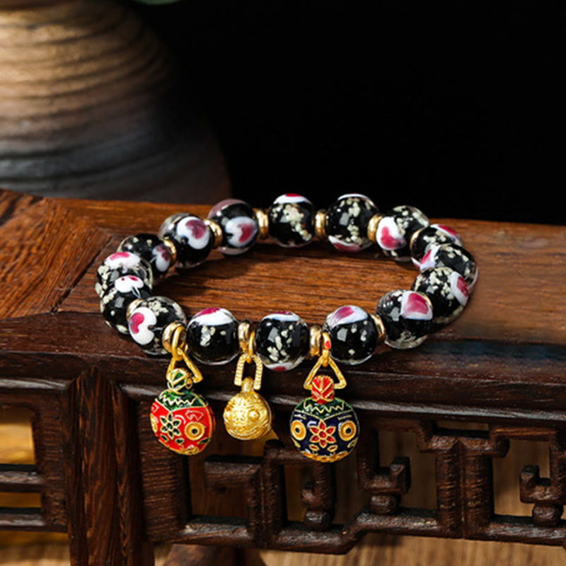 Buddha Stones Gold Swallowing Beast Family Pink Love Heart Luminous Fluorescent Liuli Glass Bead Bracelet