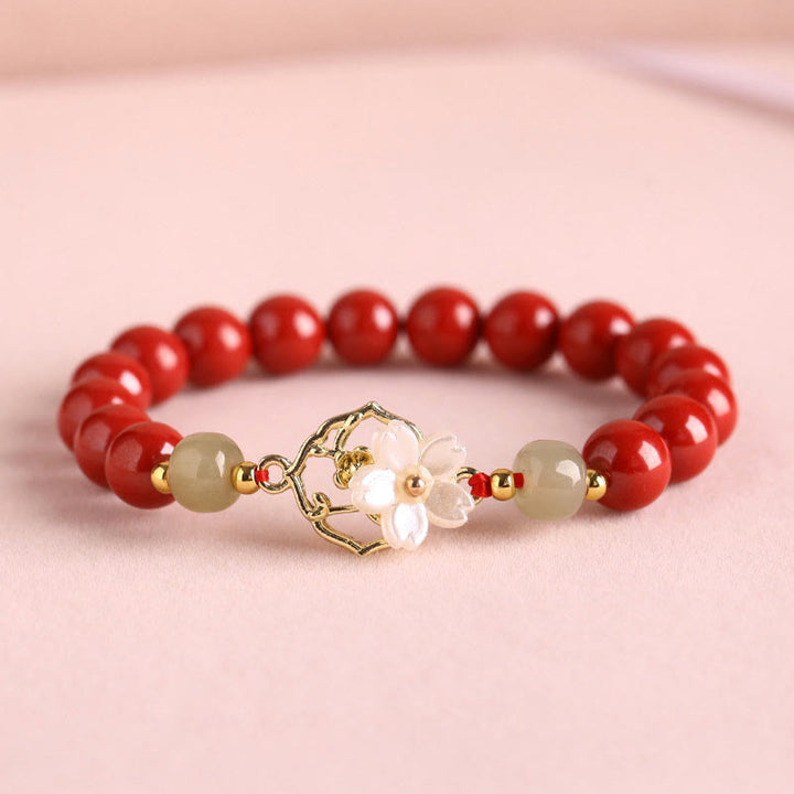 Buddha Stones Natural Cinnabar Jade Beaded Tridacna Stone Flower Blessing Bracelet