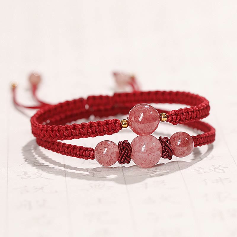 Buddha Stones Natural Strawberry Quartz Crystal Love Red String Weave Bracelet Anklet