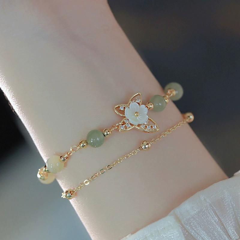 Buddha Stones 14K Gold Plated Jade Butterfly Tridacna Stone Flower Double Layer Luck Bracelet