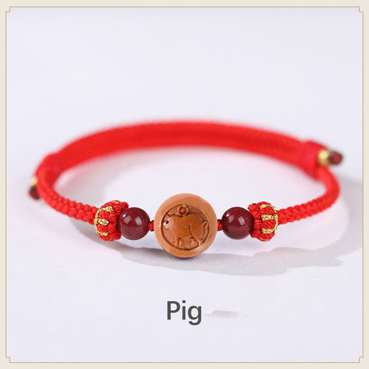 Buddha Stones Natural Peach Wood Chinese Zodiac Fu Character Carved Cinnabar Wealth Bracelet