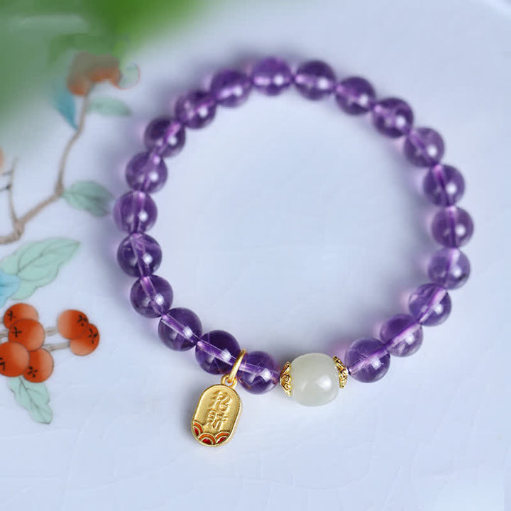 Buddha Stones Natural Amethyst Crystal Hetian Jade Healing Charm Bracelet